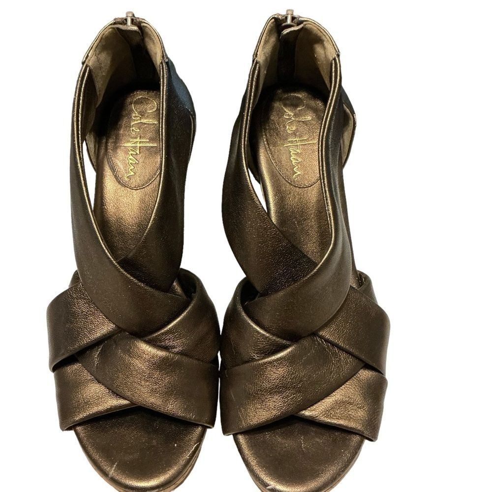 Cole Haan Metallic Bronze Leather Crisscross Wedge Sandals